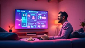 A modern living room showcasing AI interaction for personal intimacy, reflecting the theme of ai sex with engaging technology.