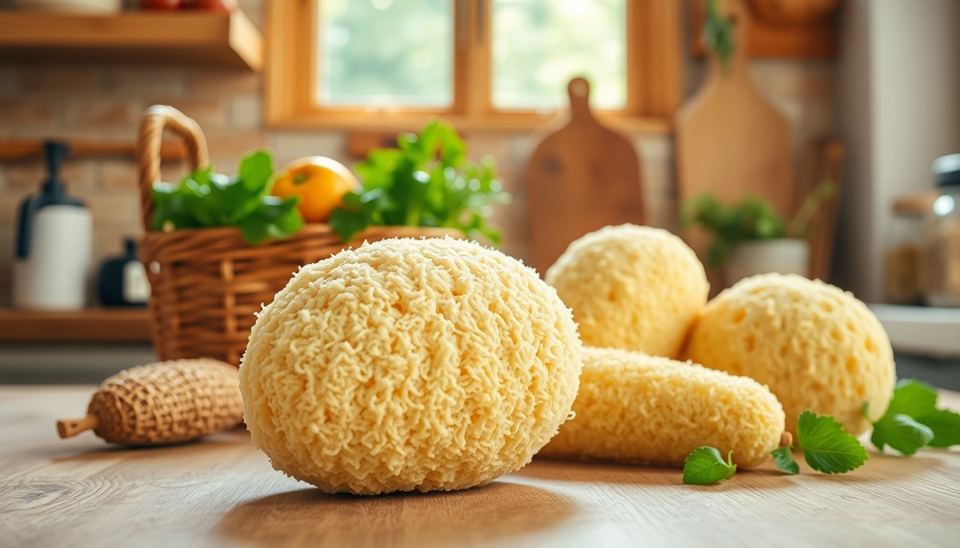 Highlighting kitchen loofah benefits, this image showcases natural and synthetic loofahs in a bright kitchen.