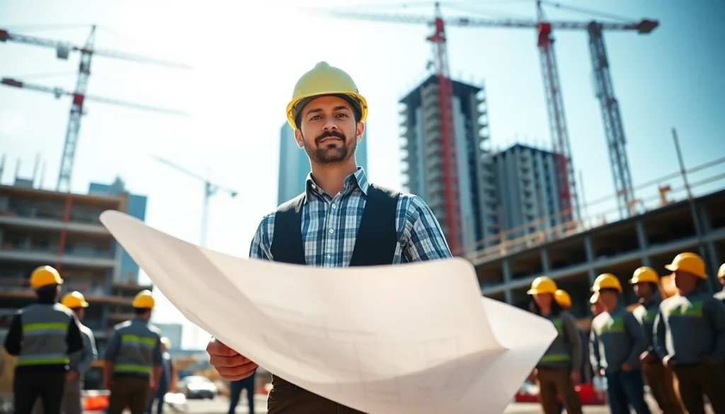 Manhattan General Contractor supervising a vibrant construction site with detailed blueprints.