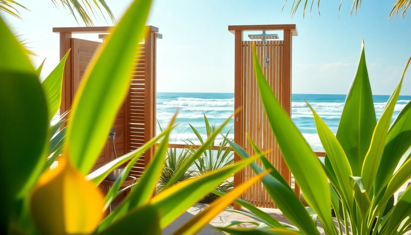 Enhance your outdoor experience with a sunny shower USA showcasing a modern design amid tropical plants.