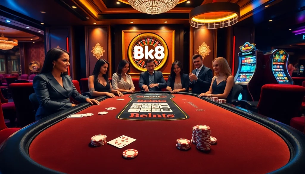 Engaging players at a luxurious BK8 casino table surrounded by vibrant games.