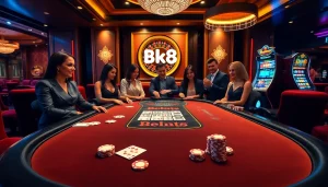 Engaging players at a luxurious BK8 casino table surrounded by vibrant games.