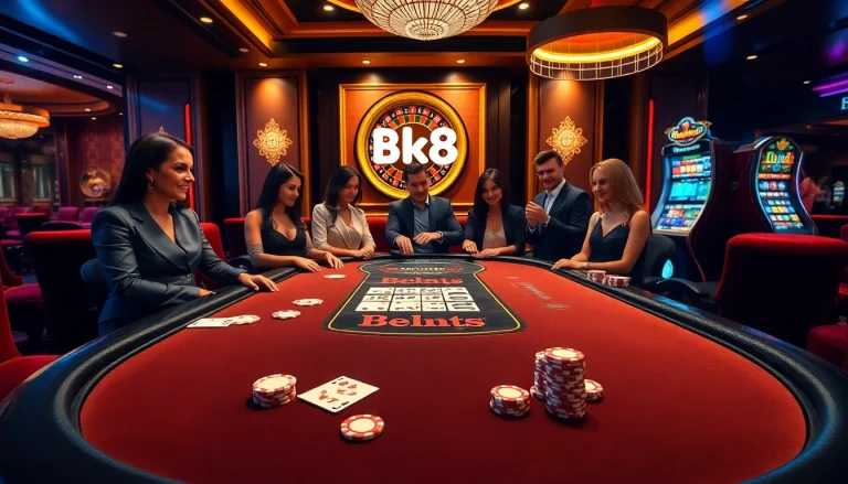 Engaging players at a luxurious BK8 casino table surrounded by vibrant games.