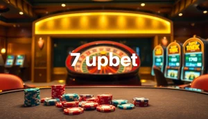 Engaging scene showcasing 7upbet online gambling with poker chips and a roulette wheel.