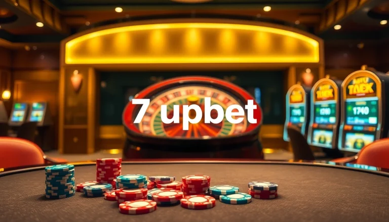 Engaging scene showcasing 7upbet online gambling with poker chips and a roulette wheel.