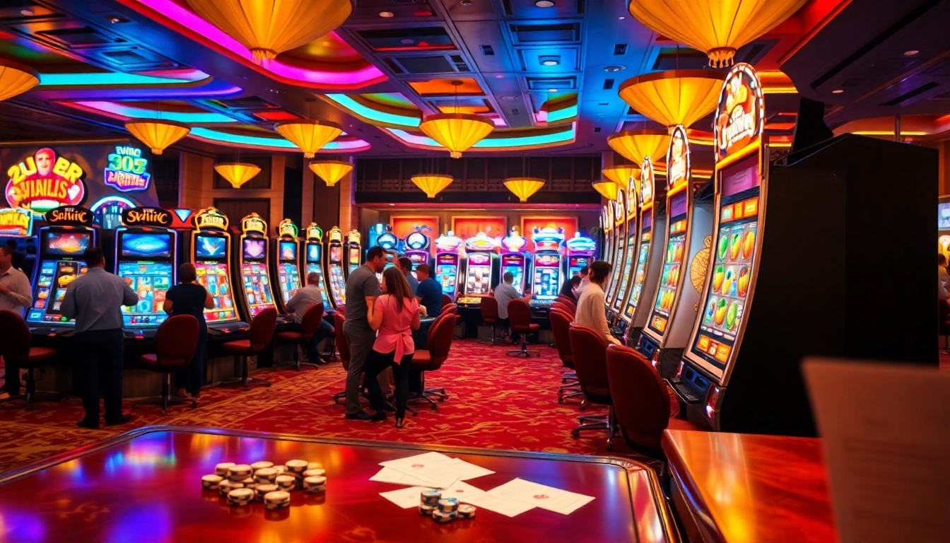 Players enjoying an exciting idn slot machine experience in a luxury casino.