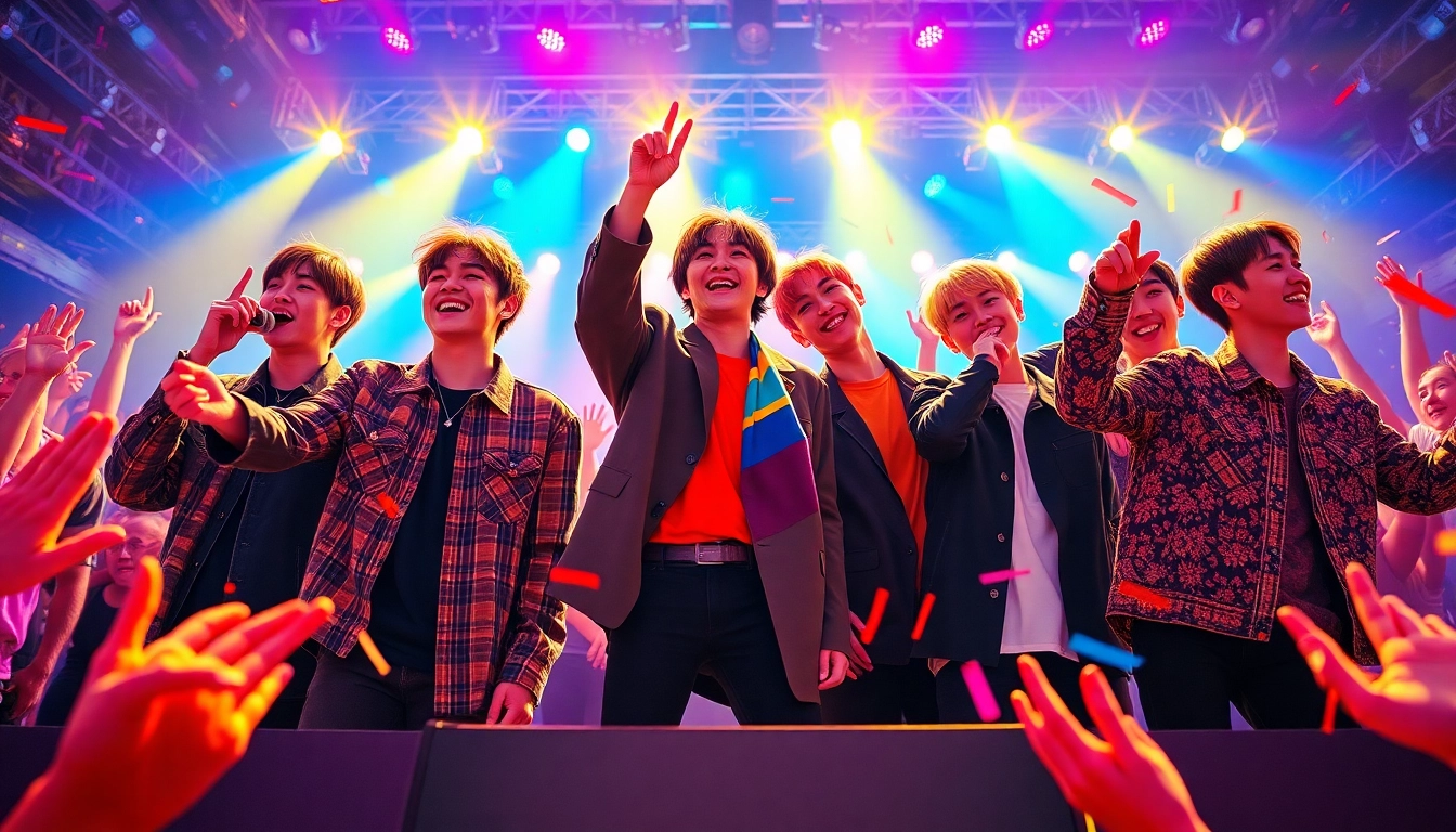 Engaging BTS news showcasing members performing live at a vibrant concert with excited fans.