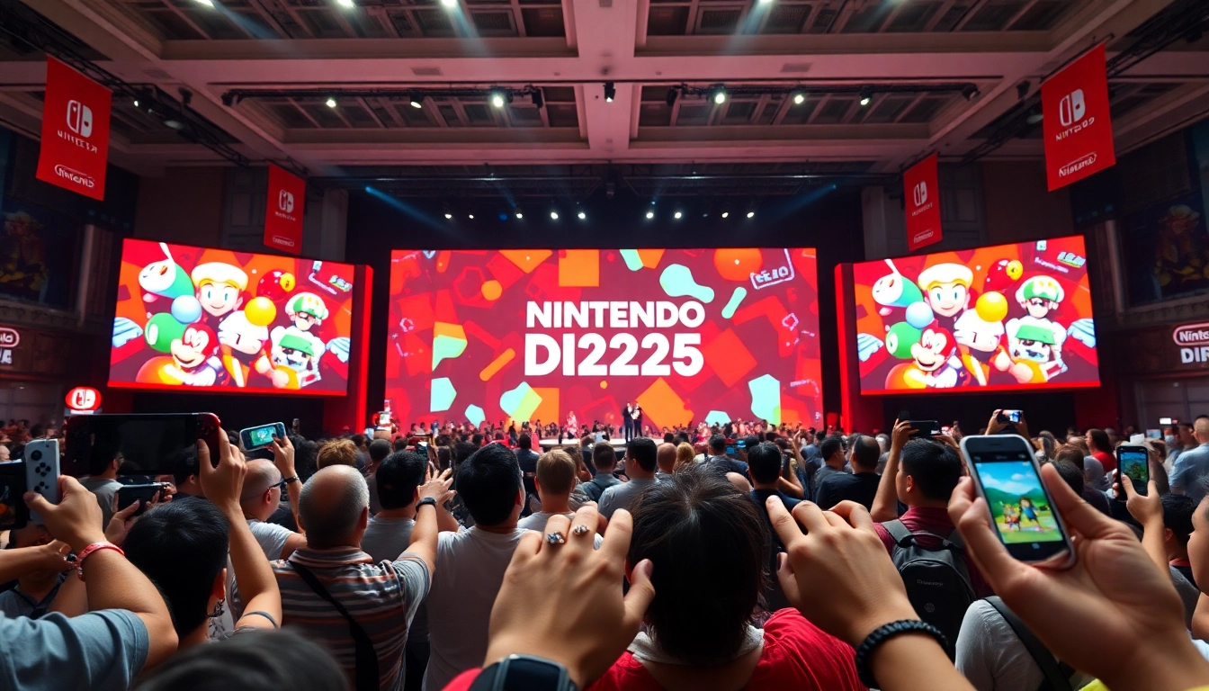 Nintendo Direct 2025 announcements stage with excited fans in a vibrant atmosphere.