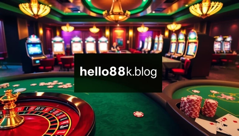 Engaging casino atmosphere featuring the website hello88k.blog with roulette, cards, and slot machines.