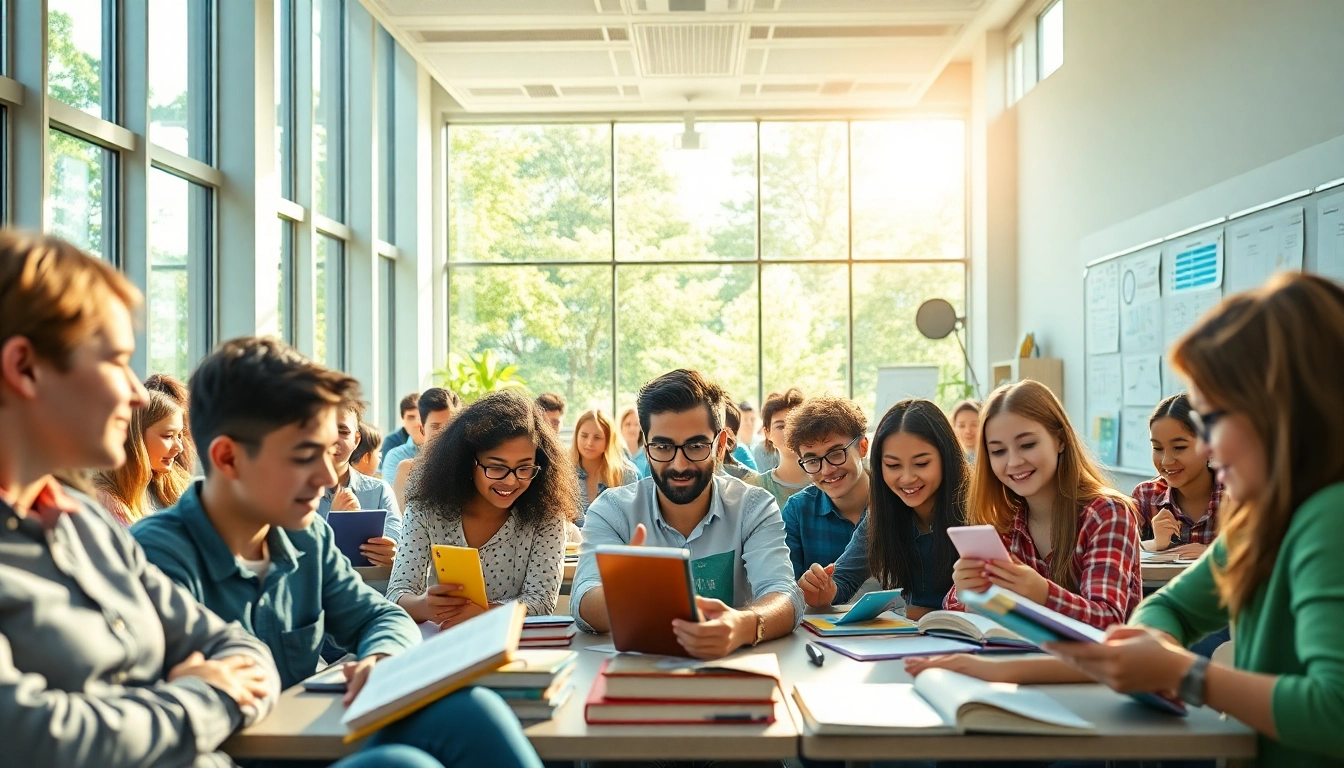 Education-focused classroom scene with diverse students collaborating on projects.