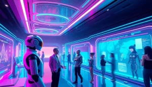 Engaging scene of vibrant NSFW AI chatbots interacting in a futuristic digital landscape, highlighting free nsfw ai technology.