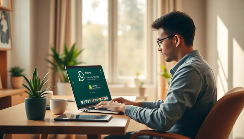 在现代家庭办公室中，年轻专业人士使用笔记本电脑上的 WhatsApp网页版。