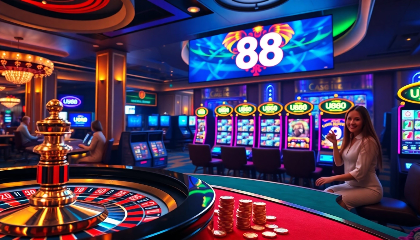 Experience U888 link mới with an exciting online casino scene filled with poker chips and a spinning roulette wheel.