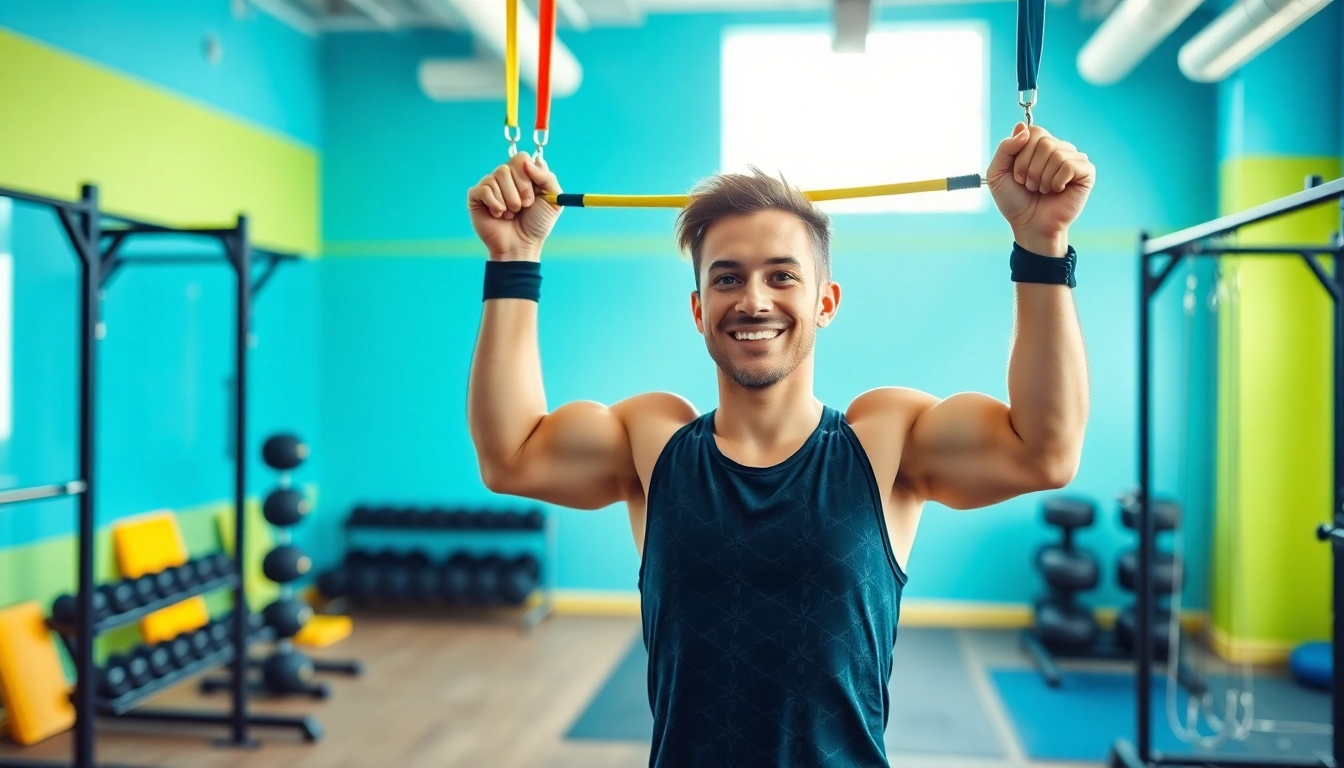Fitness enthusiast using assisted pull-up bands in a bright gym for effective strength training.