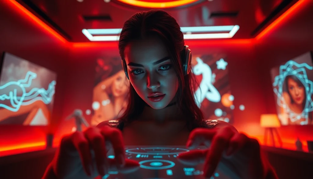 AI NSFW character interacting with a futuristic interface in a modern digital space