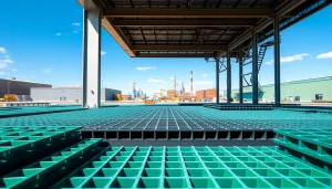 GRP Grating Supplier showcasing durable fiberglass grating in an industrial setting.