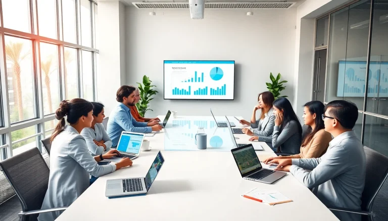 专业人士在现代办公室协作，使用数字设备上的 WPS Office 软件。