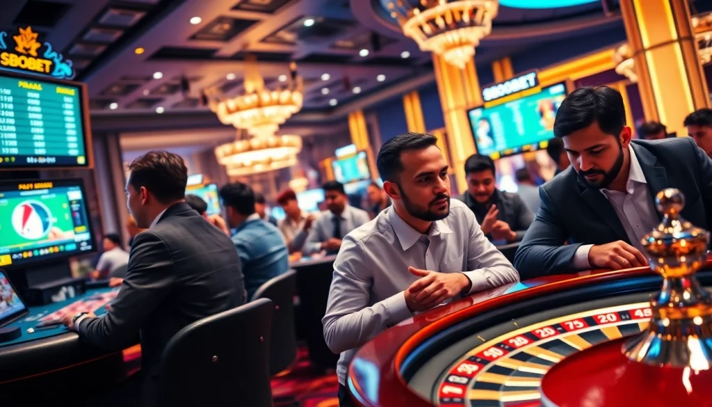 Sbobet sports betting interface showcasing vibrant casino elements and engaging players in action.