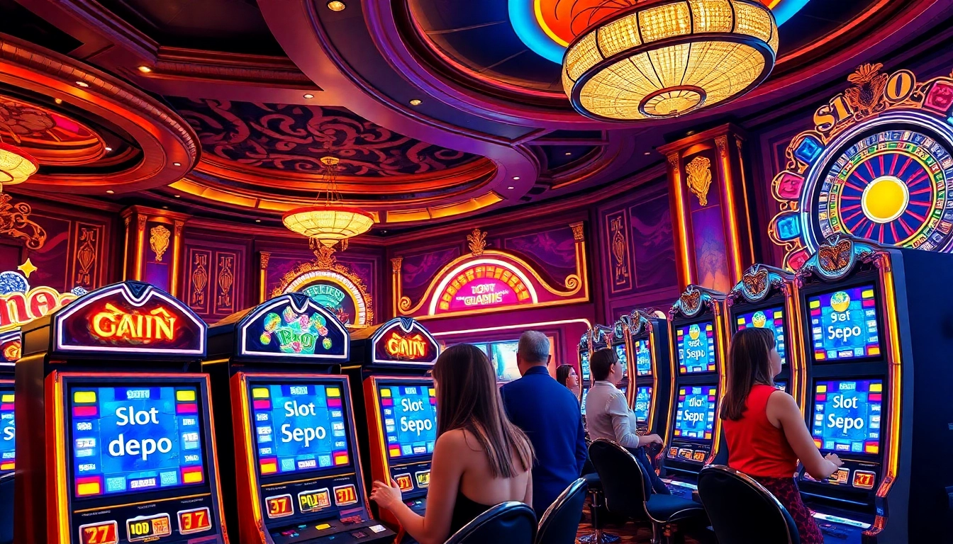 Experience the thrill of slot depo 5rb at a luxurious casino featuring vibrant slot machines.