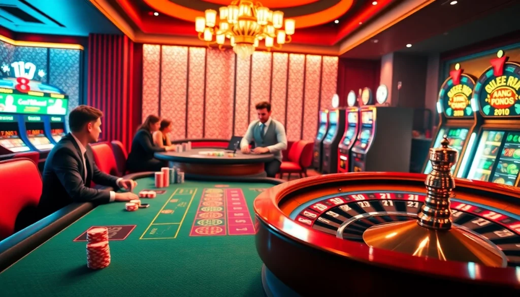 Exciting casino scene featuring poker players and a roulette wheel at i9bet2h.club.