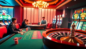 Exciting casino scene featuring poker players and a roulette wheel at i9bet2h.club.
