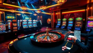 Experience thrilling gameplay at BK8 casino with vibrant tables, cards, and slot machines in an upscale gaming atmosphere.