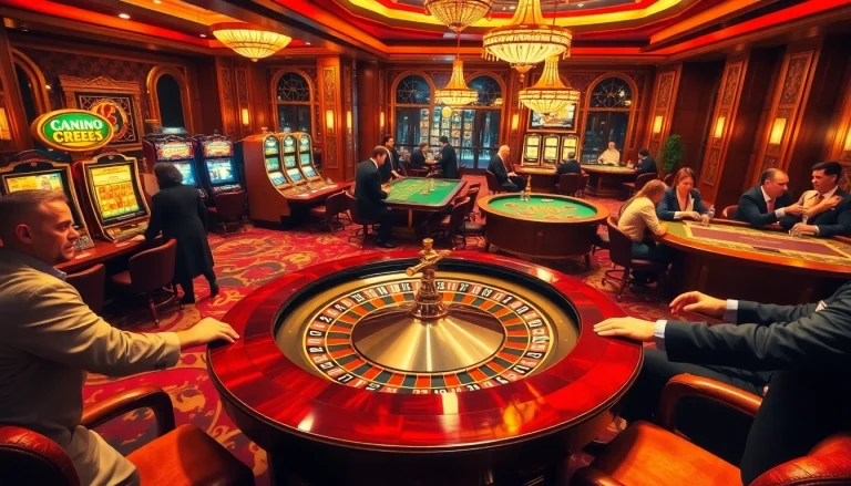 Experience the excitement of gambling at https://good88k.blog with a vibrant casino scene featuring roulette and slot machines.