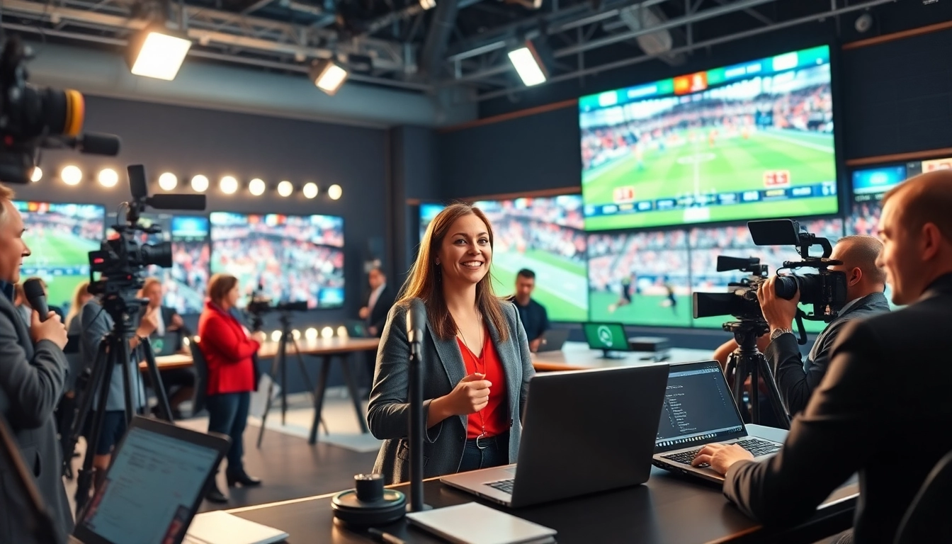 Engage in Sports Broadcasting with a dynamic newsroom scene and a passionate presenter.