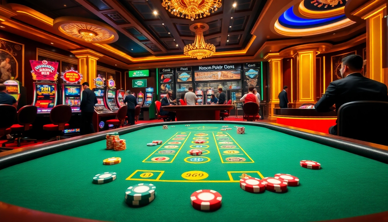 Gambling excitement unfolds at nhà cái rr88 casino, showcasing vibrant poker tables and slot machines.