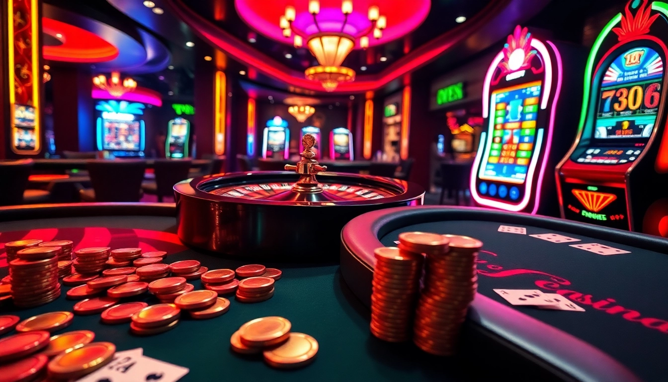 Une scène vibrante de casino en ligne français avec une roulette et une table de poker incarnant excitation et luxe.