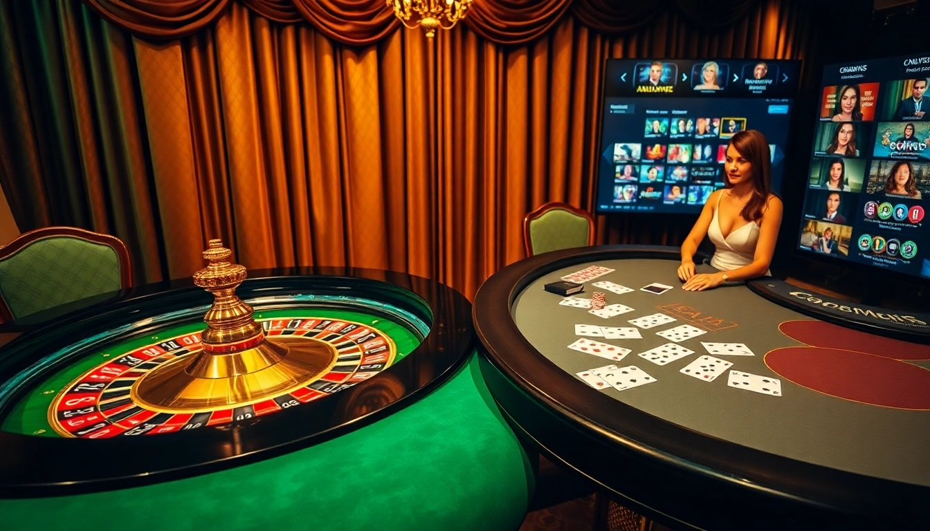 Scène captivante de casino en ligne français avec des éléments de roulette et de poker luxueux évoquant l'excitation.