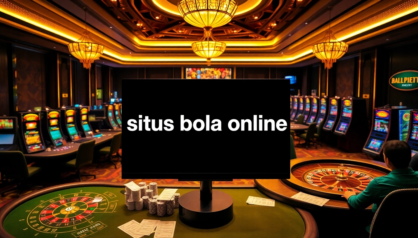 Engaged players at a situs bola online betting table surrounded by vibrant casino elements.