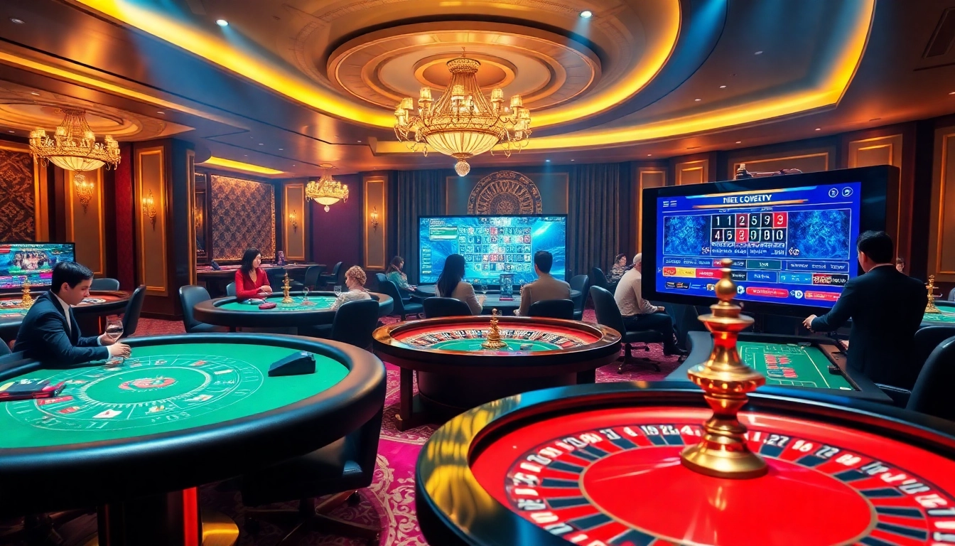 Gameplay passionnant dans un casino en ligne français avec tables de poker et de roulette dans un cadre luxueux.