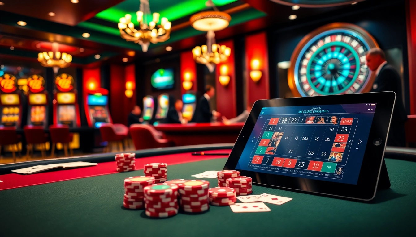 Scène captivante de casino en ligne français avec des jeux de poker et des machines à sous illustrant l'excitation et le luxe.