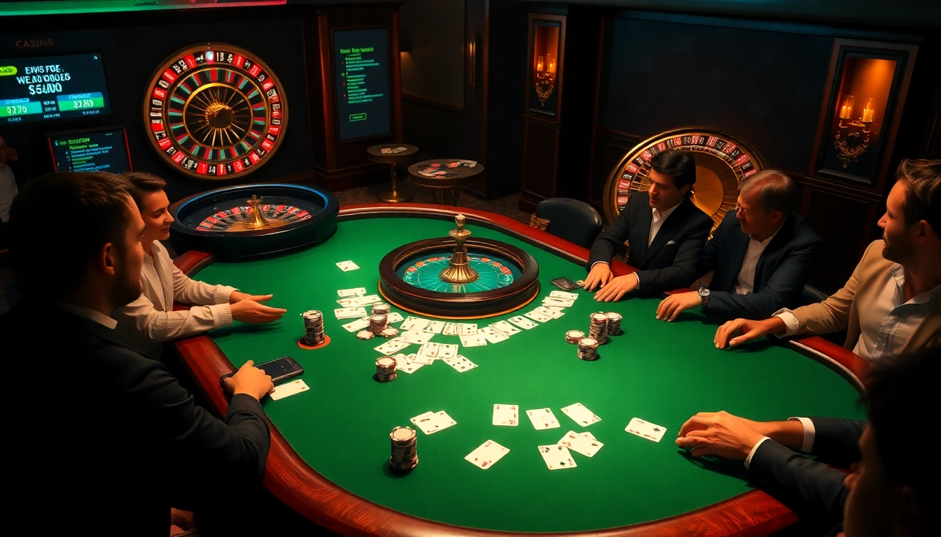 Joueurs engagés à une table de poker de casino en ligne français avec des jetons et des cartes colorées.