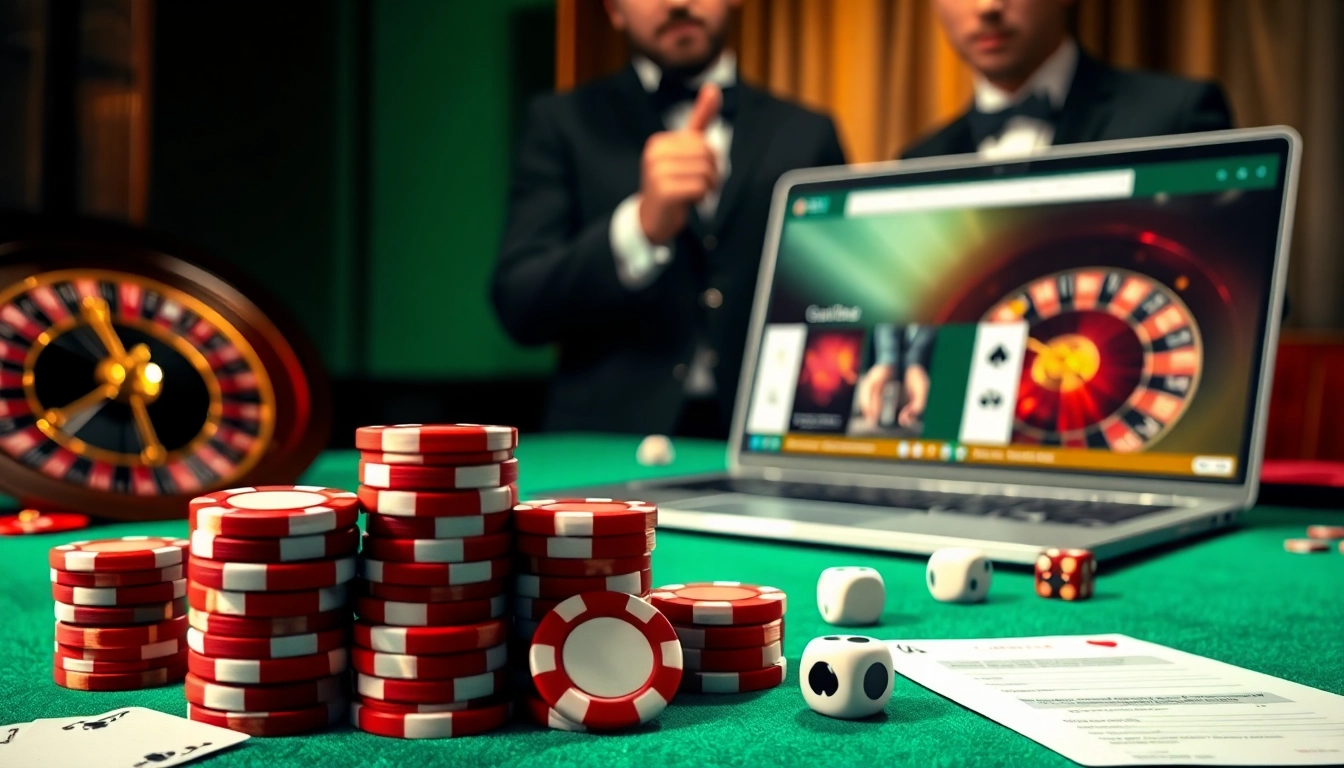 Vivez l'excitation du casino en ligne français alors que les joueurs s'engagent à une table de poker luxueuse avec des jetons colorés.