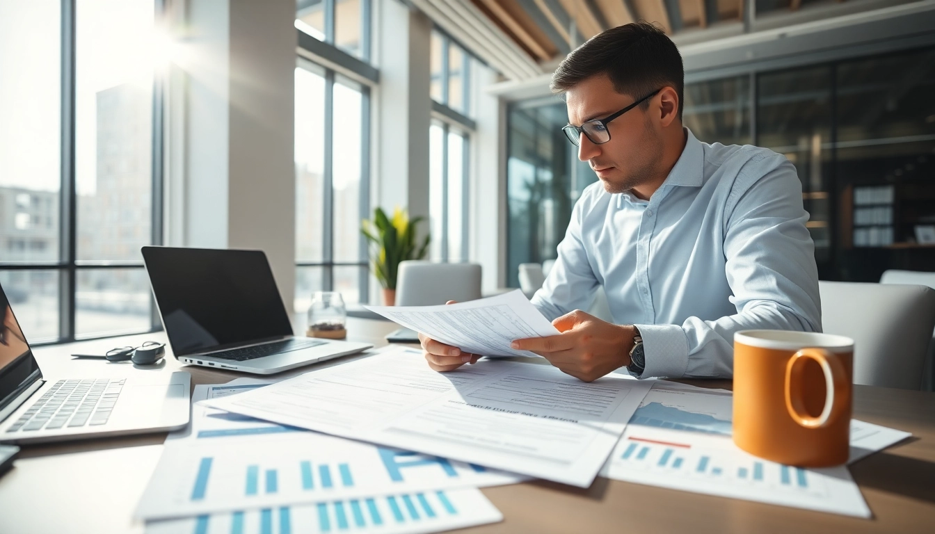 Consultant reviewing FCPA/DCAA/Flowdown/ITAR/EAR compliance documents in a modern office.