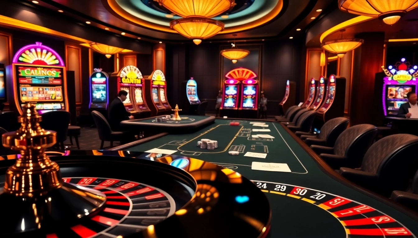 Une scène passionnante de jeux de luxe dans un casino en ligne français présentant des tables de poker et des machines à sous vibrantes.