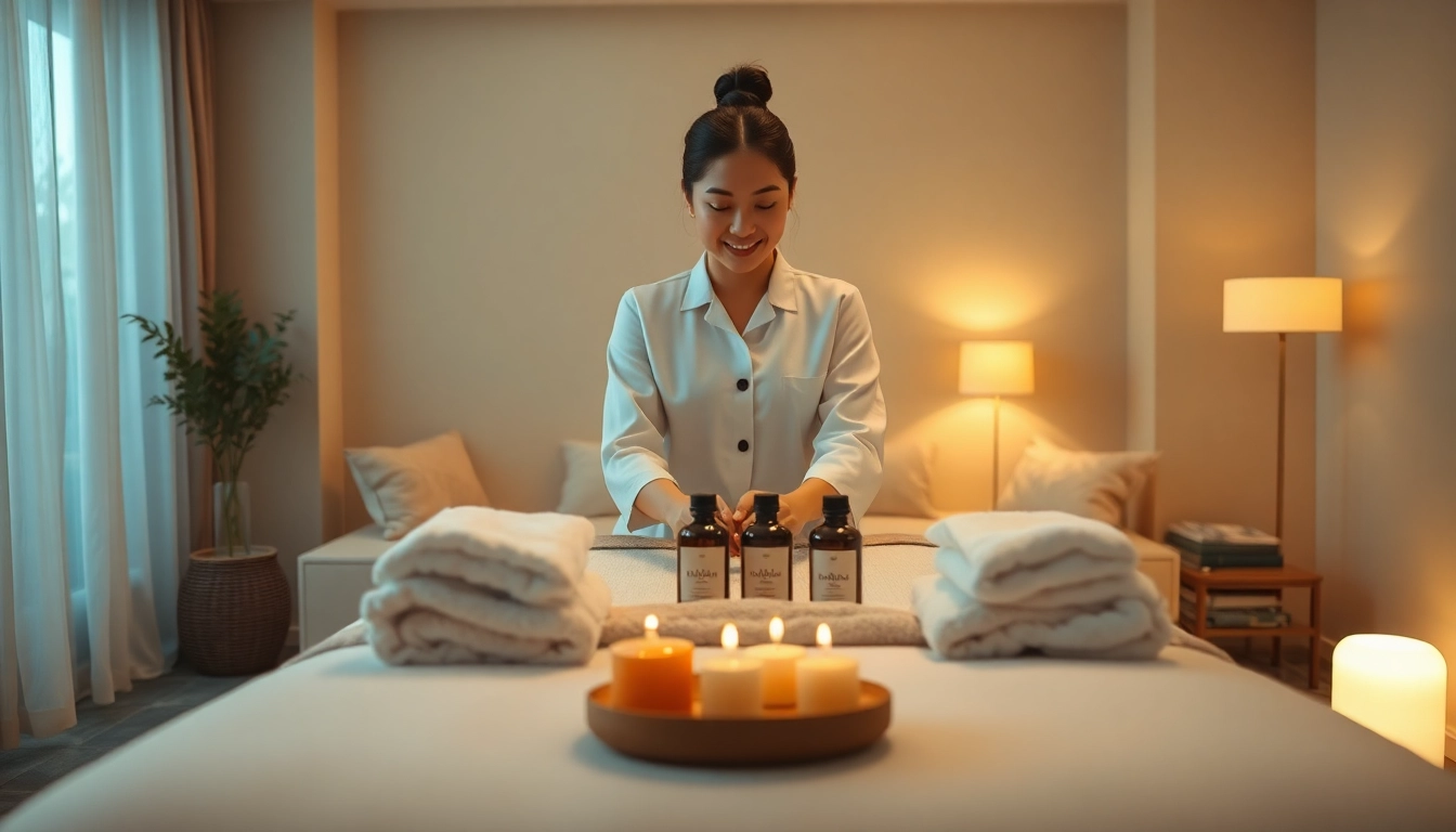 수원 출장마사지 홈서비스: 젊은 전문 마사지사가 차분한 공간을 준비하는 모습.