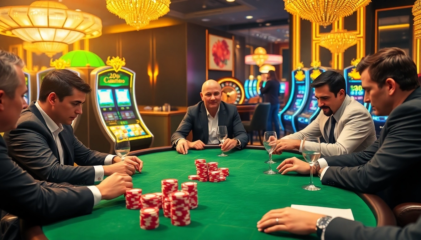 Scène engageante de jeu de poker à enjeux élevés au casino en ligne français avec des joueurs élégants et des jetons vibrants.