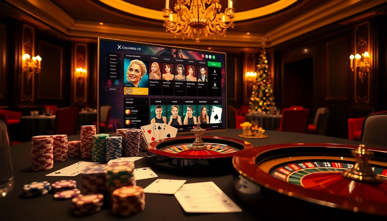 Cette scène vibrante met en avant un casino en ligne français avec des tables, des cartes et des jetons, symbolisant l'excitation du jeu en ligne.