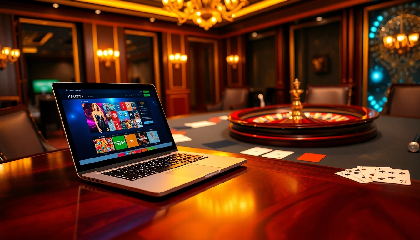 Scène de jeu en ligne passionnante mettant en avant le casino en ligne français avec des jetons de poker, des cartes et une roulette.