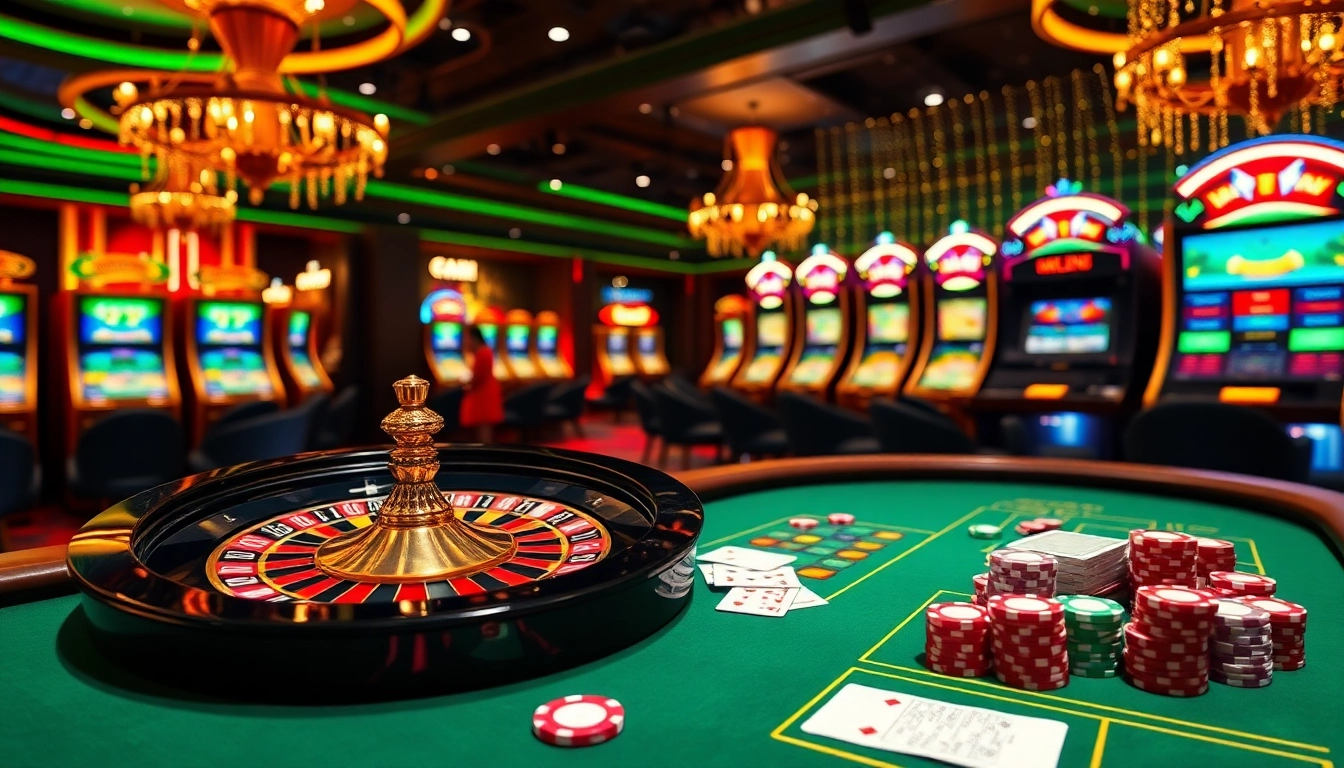 Une installation de jeu en ligne dynamique mettant en avant un casino en ligne français avec une action engageante à la roulette et aux tables de poker.