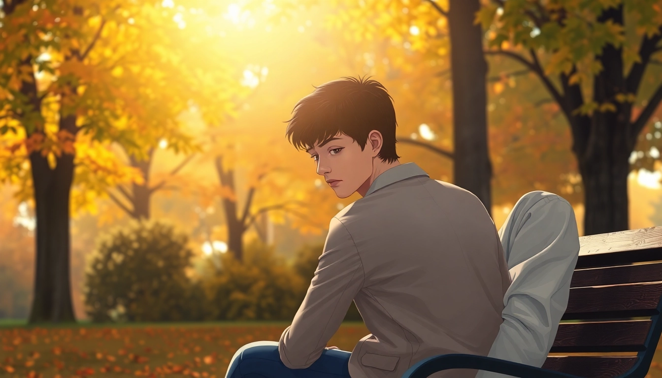 Person reflecting on depression symptoms while seated in a serene park setting, surrounded by nature.