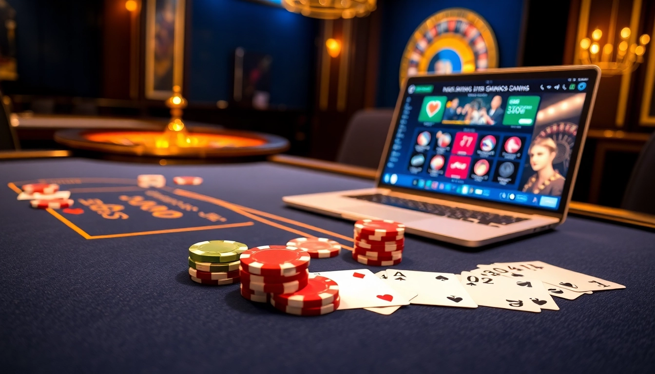 Découvrez l'excitation du casino en ligne français avec des jetons de poker vibrants et des cartes à jouer mises en avant dans une scène de jeu luxueuse.